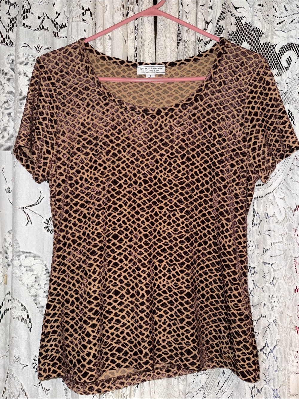 St. John Sport by Marie Gray Brown Animal Print Short Sleeve Scoop Neck Top